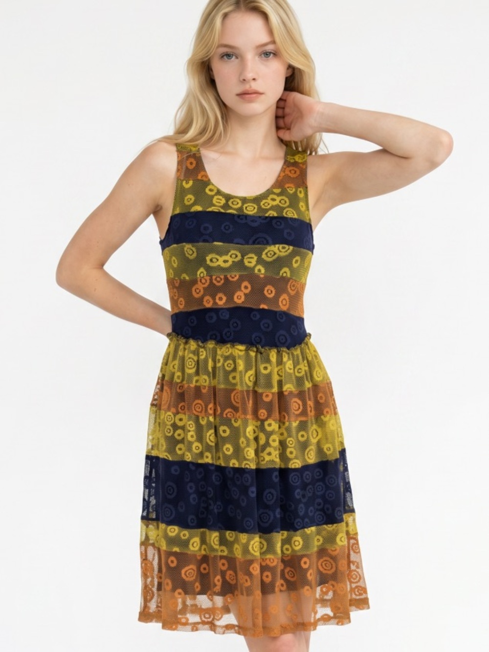 MYSTREE Dress NWT Mesh Lace Sundress Sleeveless Yellow Orange Striped Small